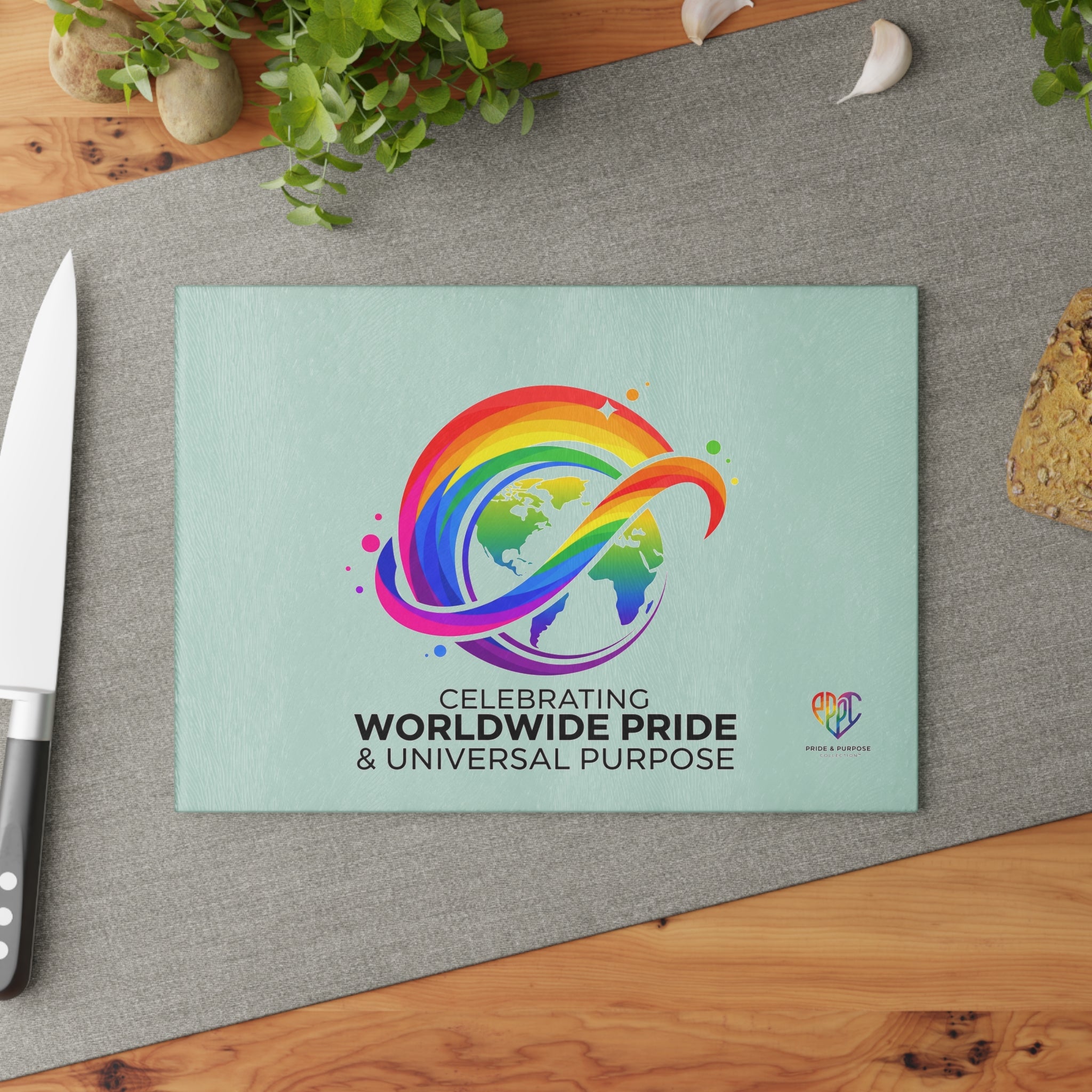 Celebrating Worldwide Pride & Universal Purpose™ Glass Cutting Board | Pride Affirmation