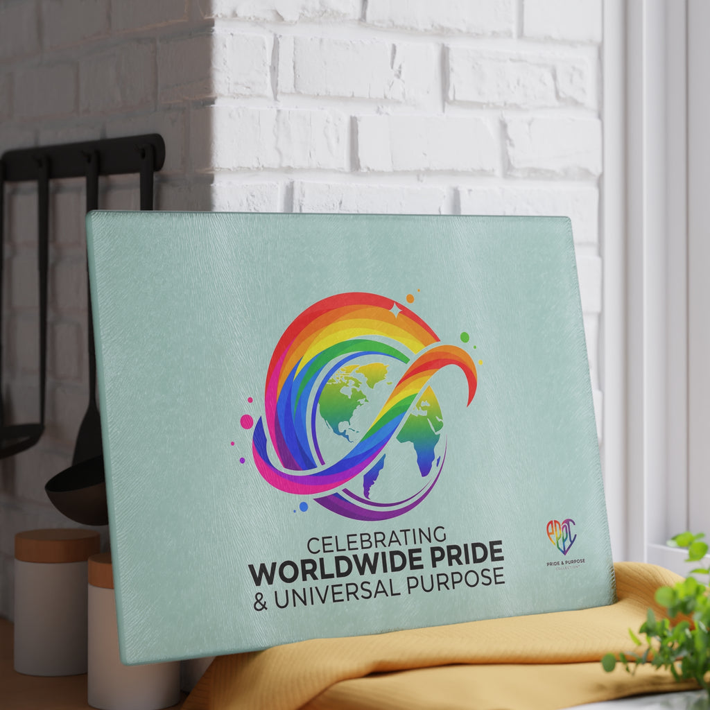 Celebrating Worldwide Pride & Universal Purpose™ Glass Cutting Board | Pride Affirmation