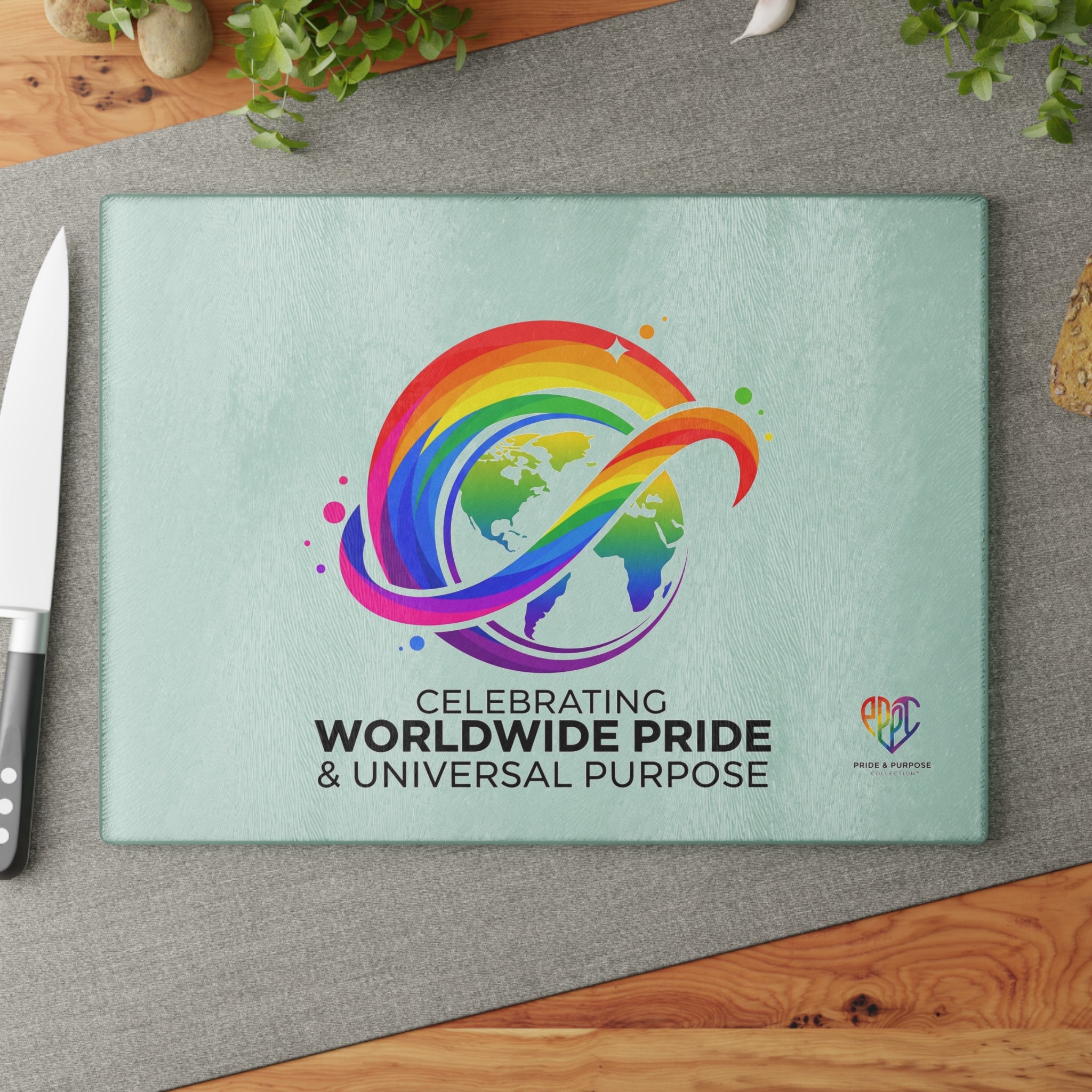 Celebrating Worldwide Pride & Universal Purpose™ Glass Cutting Board | Pride Affirmation
